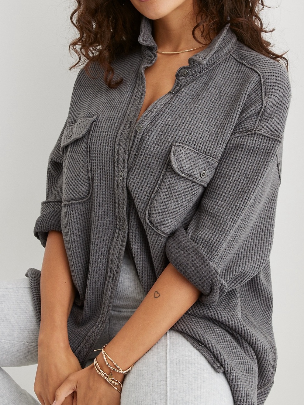 Aerie LumberJane Waffle Knit Shirt Charcoal Grey Oversized Button Down XL
